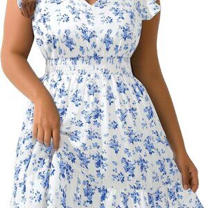 Blue Floral Cap-Sleeve Midi Dress